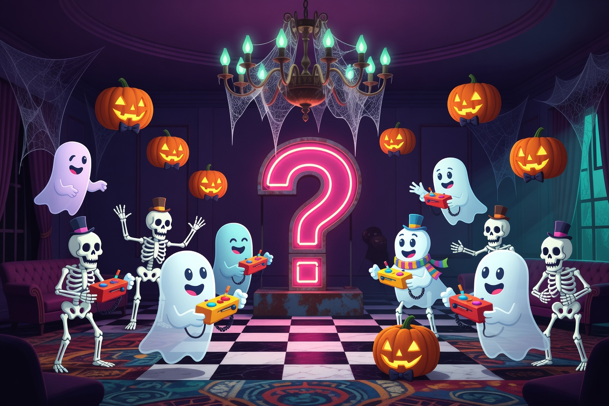 Friendly ghosts and skeletons gathering around a glowing question mark in a haunted game room.